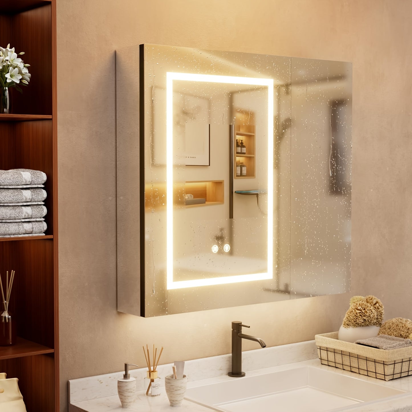 Badkamerspiegel – Spiegelkast – Wandkast – Spiegelwandkast – Opbergkast – Wit glazen oppervlak – Roestvrijstalen frame – 75x70x13 cm – Wandmontage – Geen elektriciteit nodig