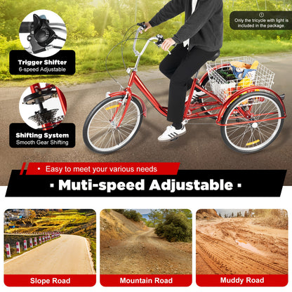 Driewieler – Volwassen Driewieler – Driewieler Fiets – Driewieler Voor Volwassenen – Rode Driewieler – 6 Versnellingen – 24 Inch Met Winkelmand