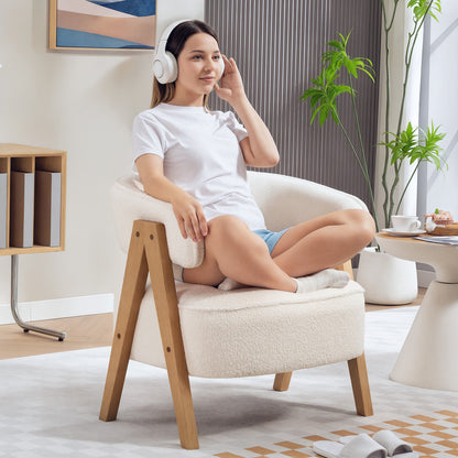 Fauteuil – Stoel – Armstoel – Zitstoel – Accentstoel – Wit – Zachte Fleece Bekleding – Metaal Frame Met Houten Poten