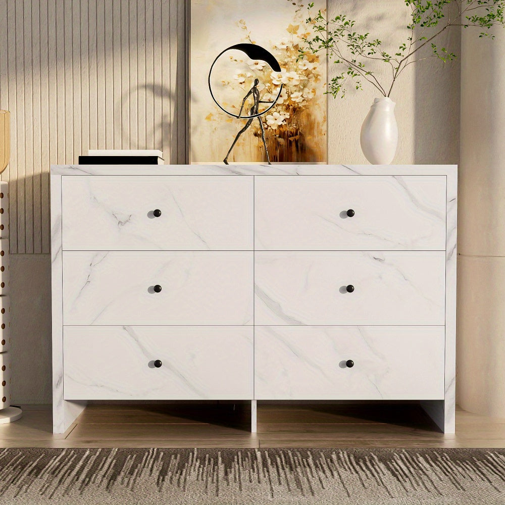 Opbergkast – Kast – Ladenkast – Bergkast – Dressoir – Wit Met Marmerlook – 120 cm Breed – Zes Lades Met Anti-Kantelmechanisme