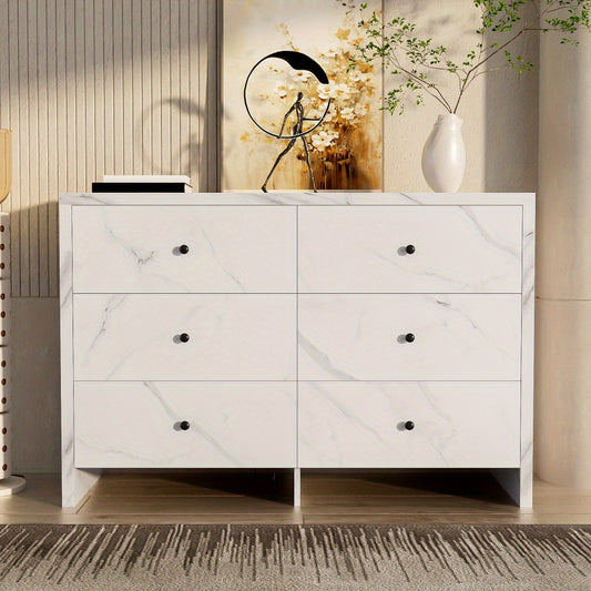 Opbergkast – Kast – Ladenkast – Bergkast – Dressoir – Wit Met Marmerlook – 120 cm Breed – Zes Lades Met Anti-Kantelmechanisme