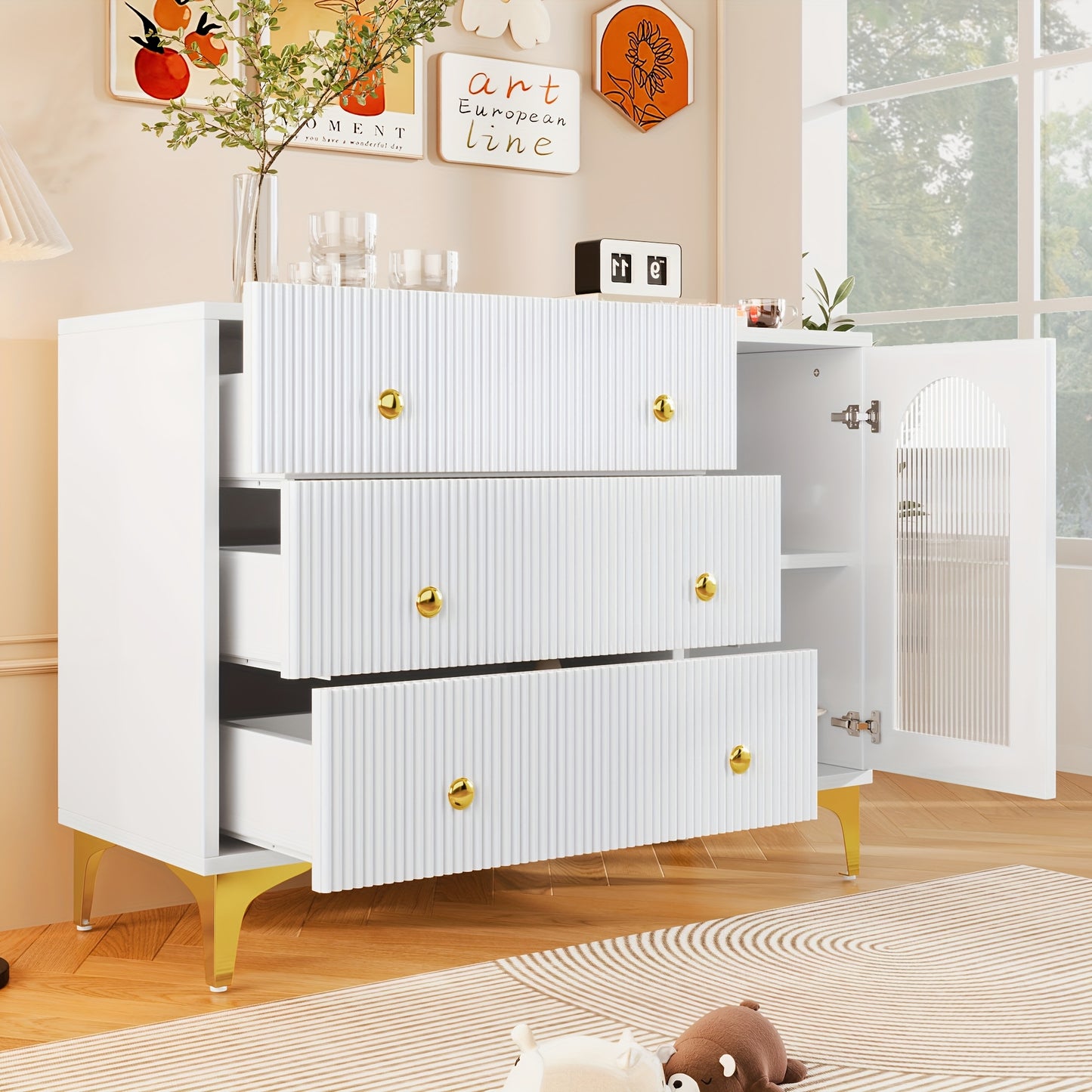 Sideboard – Dressoir – Opbergkast – Kast Met Laden – Sideboard Wit – Hardhout – Glazen Deur – Textuurfront – Gouden Handgrepen – Vrijstaand En Stevig