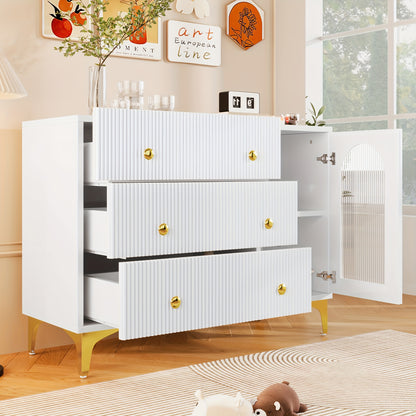 Sideboard – Dressoir – Opbergkast – Kast Met Laden – Sideboard Wit – Hardhout – Glazen Deur – Textuurfront – Gouden Handgrepen – Vrijstaand En Stevig