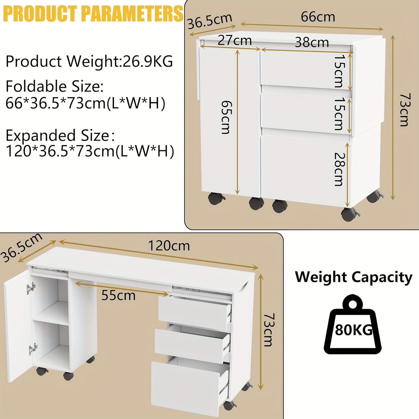 bureau – schrijftafel – computertafel – werkplek – bureau met lades – uitschuifbaar tafelblad 120 cm – inklapbaar design wit