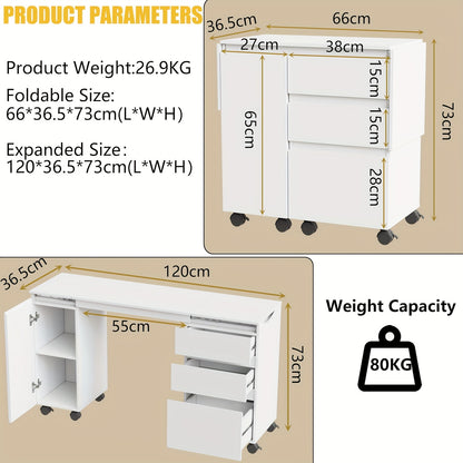 bureau – schrijftafel – computertafel – werkplek – bureau met lades – uitschuifbaar tafelblad 120 cm – inklapbaar design wit
