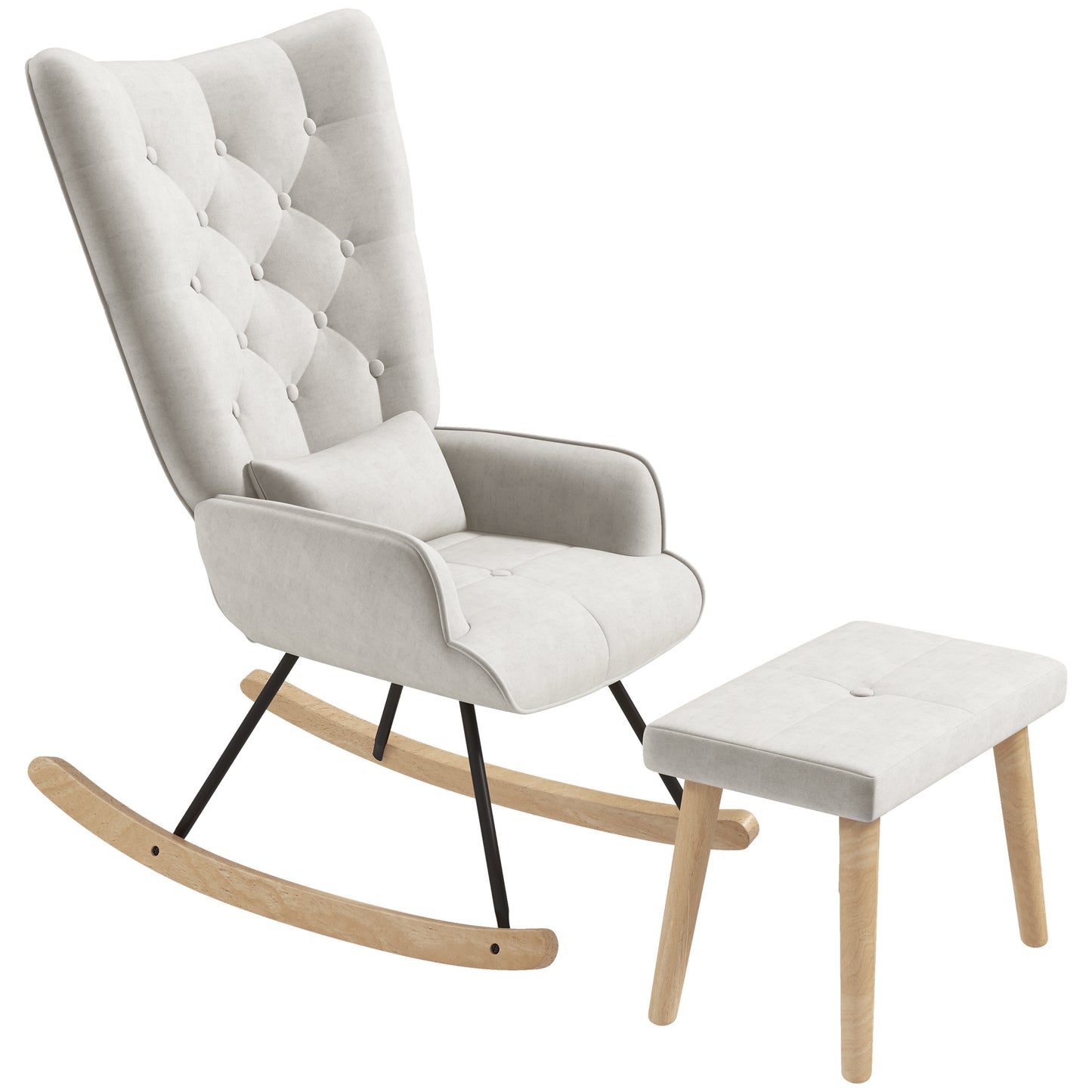 Schommelstoel – Relaxstoel – Fauteuil – Voedingsstoel – Loungestoel – Fluweel Bekleed – Hoge Rugleuning – Max. 150 kg – Inclusief Voetenbank – Crème Wit