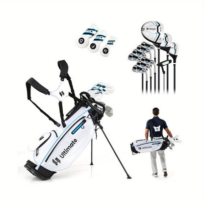 Complete Heren Golfset – Golfclubs Set – Golf Bag – Driver Fairway Hybrid – Irons Set – Lichtgewicht Stand Bag – Vergevingsgezinde Clubhoofden – Witte Variant