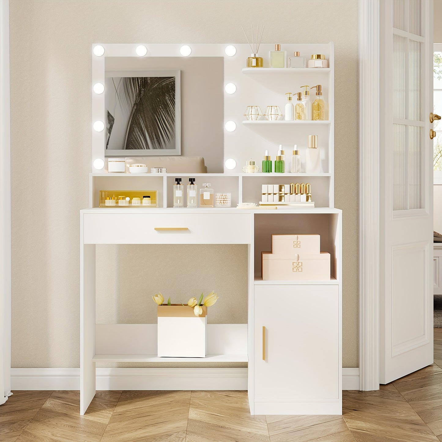 Dressing Table with Mirror And 10 LED Lights, Dressing Table with 3 Shelves & 4 Open Compartments, Dressing Table with Large Drawer & Cabinet, 3 Adjustable Lighting Levels, Mounted Closet Systems
