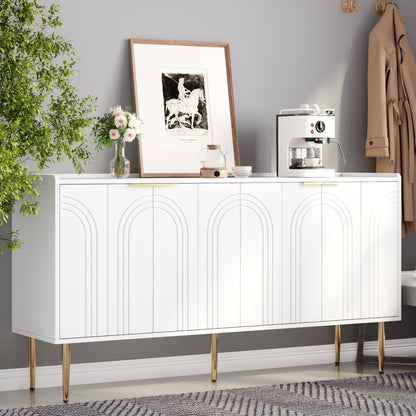 Dressoir – Sideboard – Opbergkast – Ladekast – Kast – Modern Design – Gebogen Reliëfdeuren – 140 cm – Met Verstelbare Legplanken – Met Gouden Metalen Poten