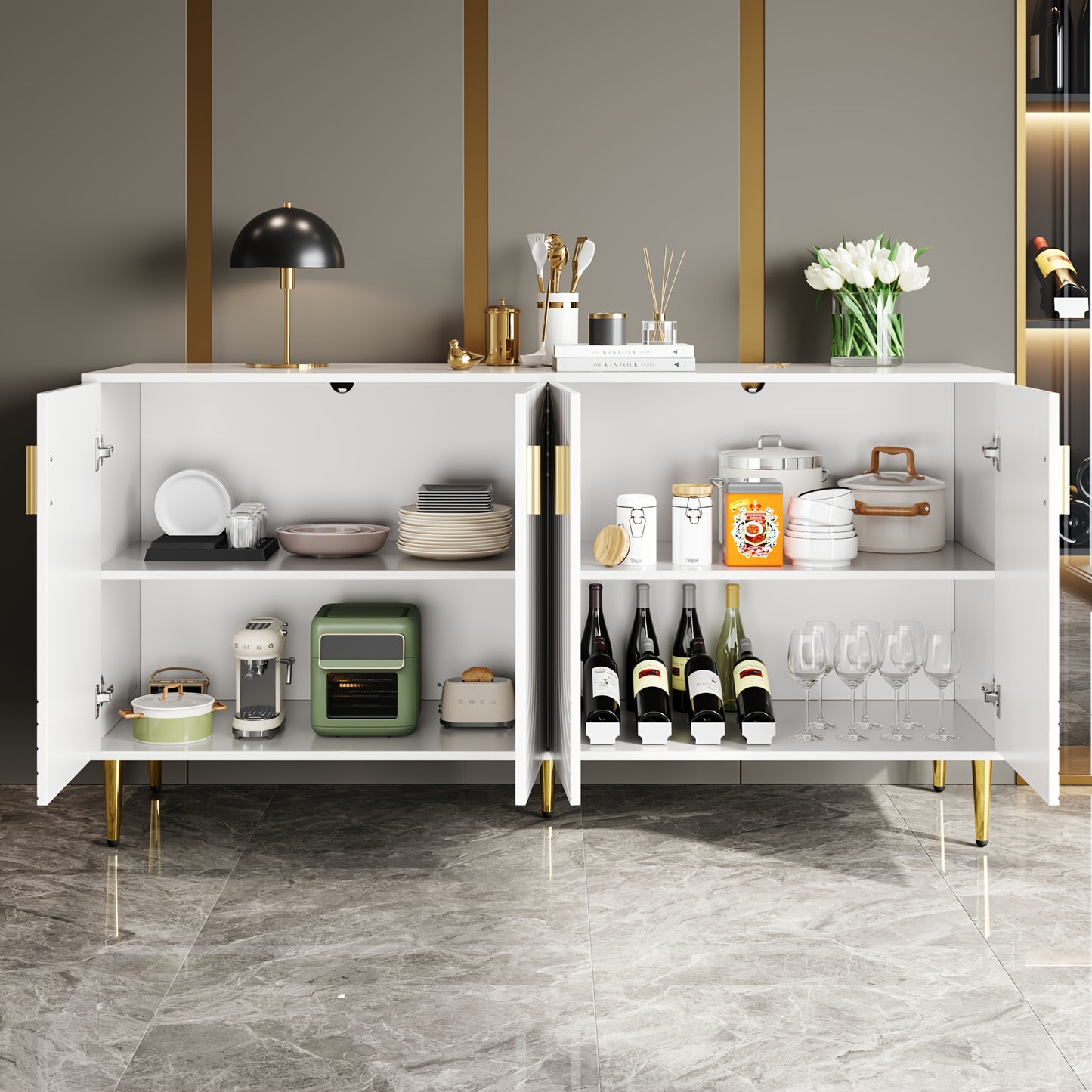 Dressoir – Sideboard – Opbergkast – Ladekast – Buffetkast – Wit Modern – MDF Met Golvende Patronen – Gouden Accenten & Poten