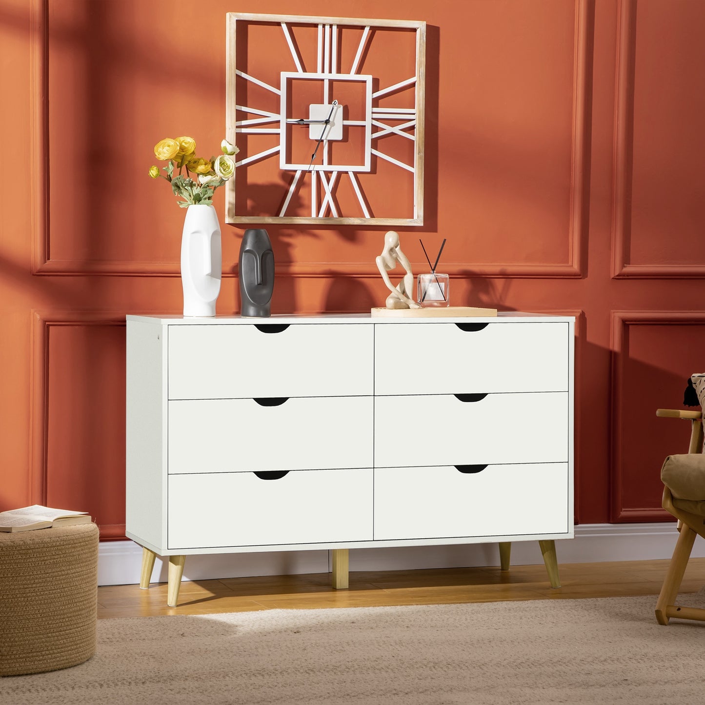 Commode – Ladekast – Opbergkast – Dressoir – Kast – 6 Lades – Scandinavisch Design – Wit Met Houten Poten – 120x40x76 cm – Stevig & Ruim