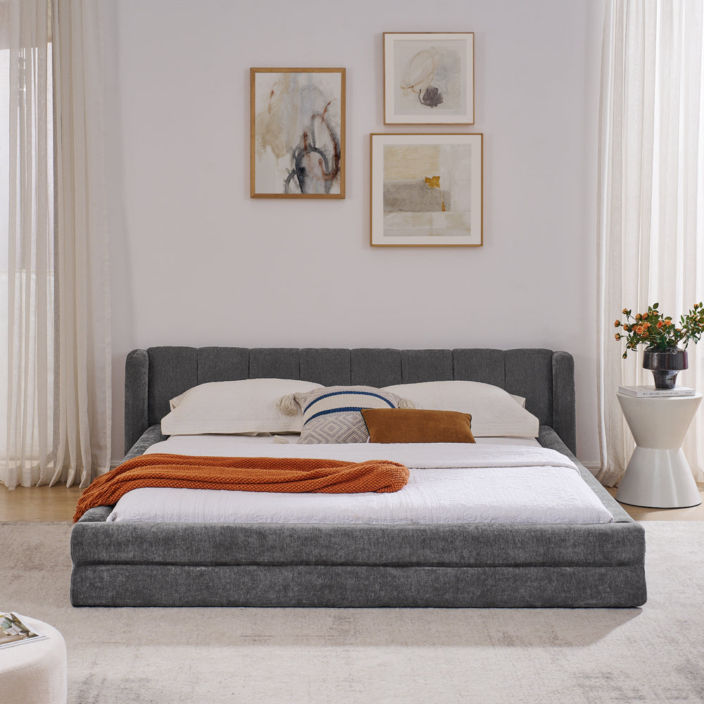 Double bed 160×200cm, chenille fabric, comfortable backrest, solid eucalyptus wood and iron frame, easy to assemble, dark grey/beige (mattress not included), Day Bed With Mattress Included, King Size Bed Frame, Bunk Beds Wit