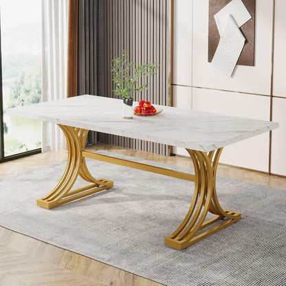 Eettafel – Tafel – Keukentafel – Dinertafel – Eetkamertafel – Rechthoekig – Wit met Gouden Accenten – Met Metalen Trestle Poten – 63 Inch voor 4-6 Personen