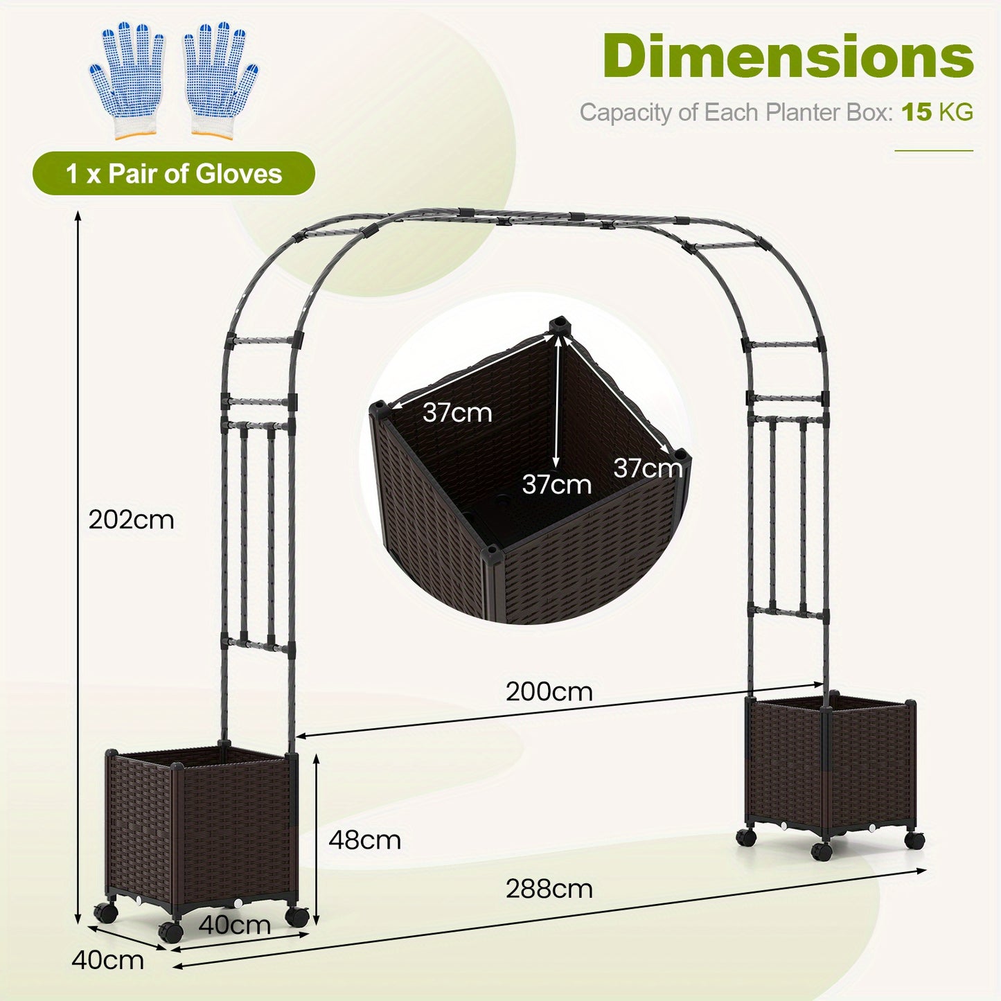 Tuinboog – Klimrek – Klimpaal – Tuinarche – Klimplantsteun – Zwart-Bruin – Zelfbewateringssysteem – Weerbestendig Metalen Frame 201 cm Hoog