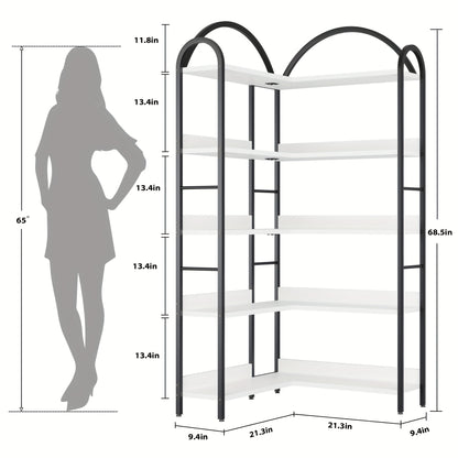 Boekenkast – Boekenplank – Wandrek – Kasten – Opbergkast – Extra Hoge 5-Lagen L-Vormige Boekenplank – Industrieel Metaal & MDF – 173,99 cm Hoog – Zwarte Hoekschilf Unit