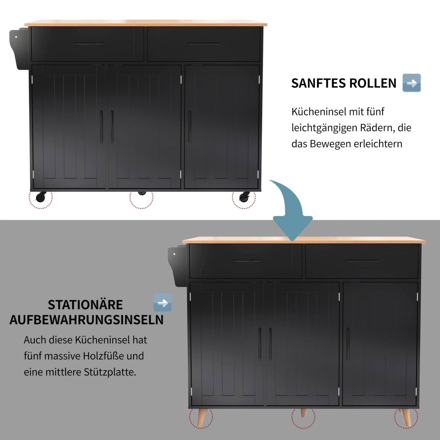 Dressoir – Sideboard – Opbergkast – Ladekast – Kastenmeubel – Zwart – Massief Houten Blad – Inklapbare Werkbank – Wieltjes – 129x46x91,5 cm