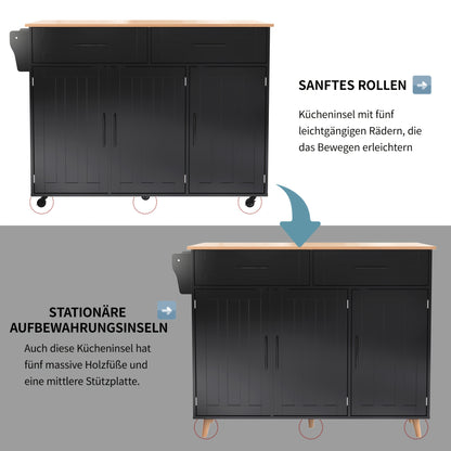 Dressoir – Sideboard – Opbergkast – Ladekast – Kastenmeubel – Zwart – Massief Houten Blad – Inklapbare Werkbank – Wieltjes – 129x46x91,5 cm