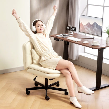 Bureaustoel – Kantoorstoel – Office Chair – Draaistoel – Bureaustoelen – Verstelbaar in Hoogte – Kunstleren Bekleding – Ergonomische Lendensteun – Zonder Armleuningen – Beige – Met Wieltjes – Met Extra Kussen – Met Voetensteun – Stabiel Metalen Onderstel