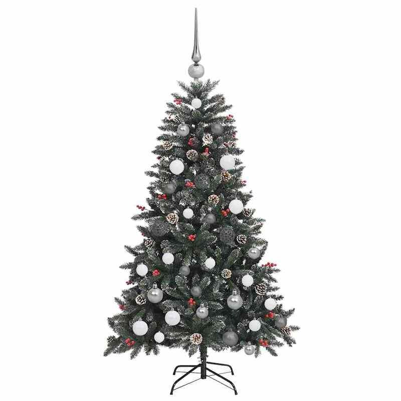 Full PVC Artificial Christmas Tree with Lush Green Foliage & Clear Ornament-Like Branch Tips - Pre-Lit with Warm White Lights, Sturdy Black Stand, No Electricity Needed, Easy Setup for Living Room, Bedroom, Window Display - D