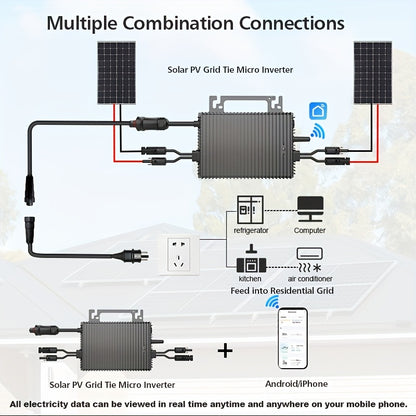 Micro-omvormer Zonne-energie Omvormer – Zonnepaneel Omvormer – Solar Inverter – Grid Tie Omvormer – Hybride Omvormer – 1000W Vermogen – IP67 Waterdicht & WiFi Monitoring
