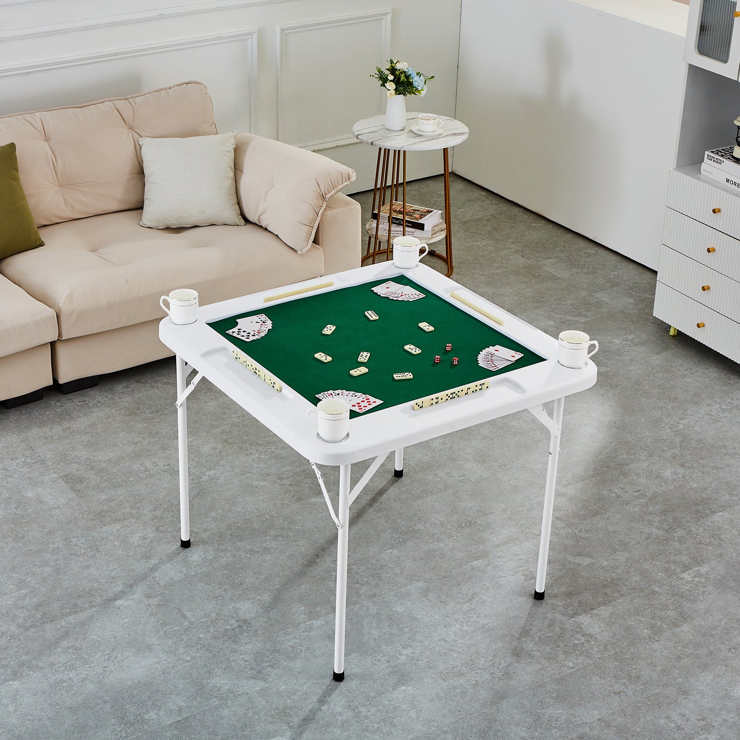 Vouwtafel – Speltafel – Kaarttafel – Mahjongtafel – Opvouwbare Tafel – 4 Bekerhouders – Duurzaam HDPE Blad