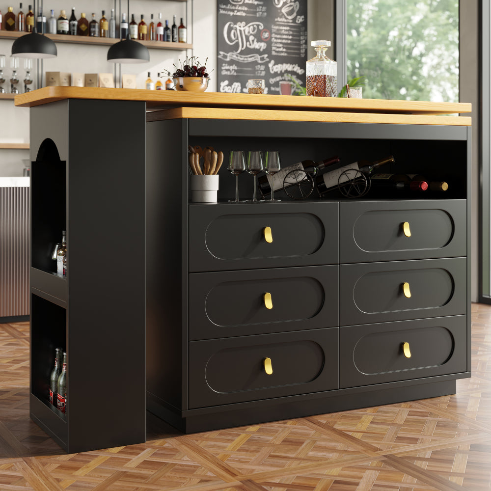 Extendable Bar Table with 360° Rotating Base & Storage Shelf - Heavy-Duty Metal Modern Black Adjustable Length 138-203cm (55"-80") - Space-Saving Expandable Kitchen Island, Home Office Desk, Dining Table for Small Spaces - E