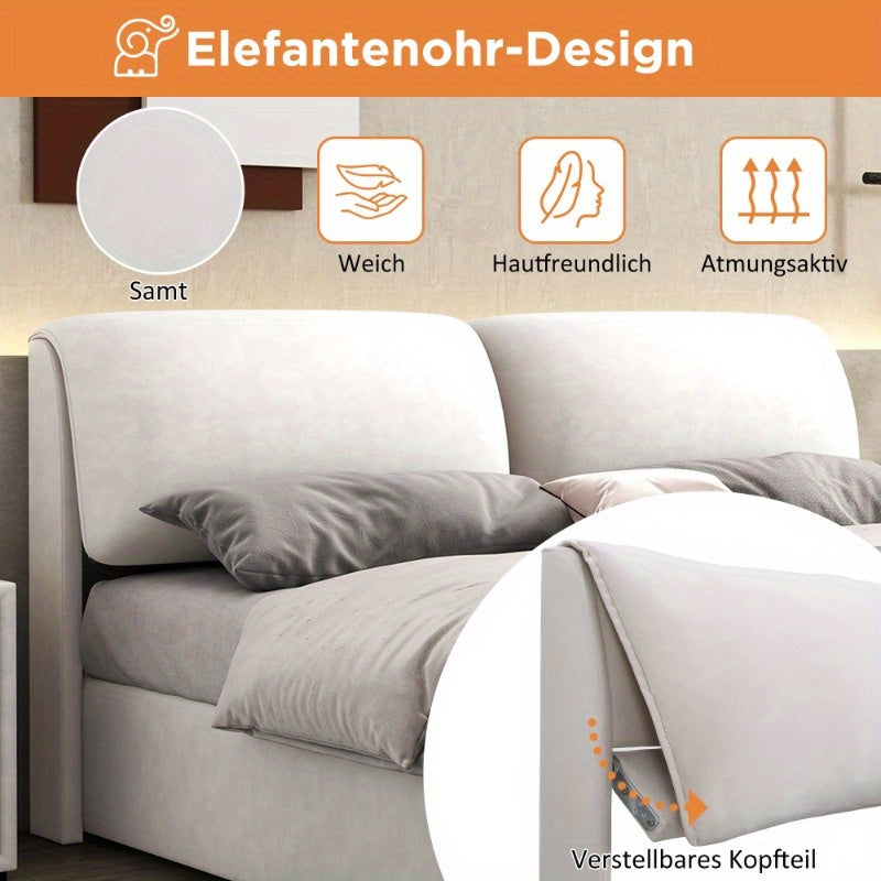 Opbergbed – Opbergbedframe – Hydraulisch Bed – Gestoffeerd Bed – Tweepersoonsbed – 180x200 cm – Beige Fluweel – Met Hoofdeinde & 3 Metalen Lades – Lattenbodem Zonder Matras