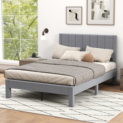 Upholstered Platform Bed, 200 x 140 CM Double Bed Frame with Soft Velvet Fabric Headboard and Wood Slats Support, No Box Spring Needed, Noise-free, Grey