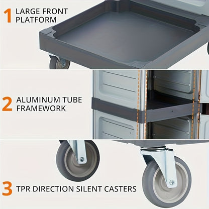 Heavy-Duty Commercial/Residential Cleaning Cart with Double Compartment Trash Bin, Lockable Lid & Silent All-Terrain Wheels - 4-Drawer-like Design Lawn/Garden Waste Collector for Parks, Sites, Homes (No-Start Vehicle