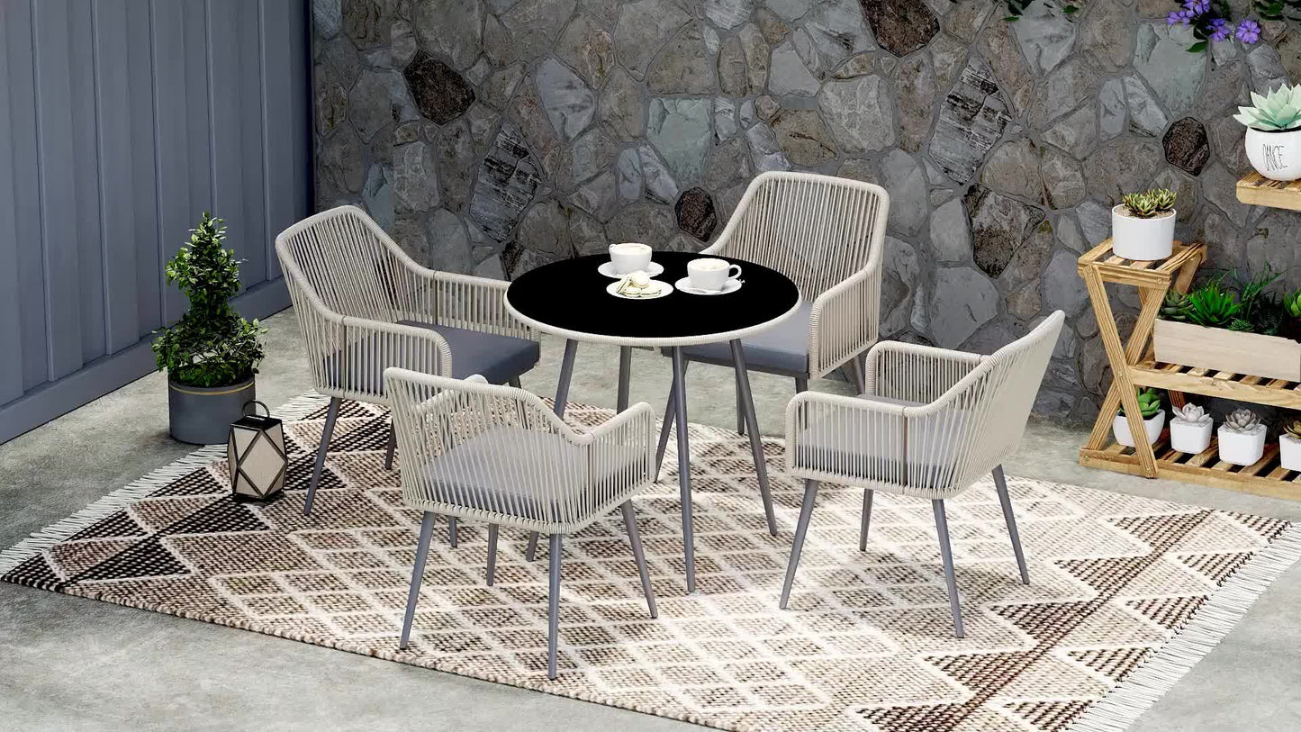 4-persoons tuinset – tuinstoelen – tuinmeubelset – buitenmeubilair – loungeset – PE-rattan met metalen frame – ronde tafel met gehard glas en parasolgat – kussens met afneembare hoezen – compact design chestnut bruin
