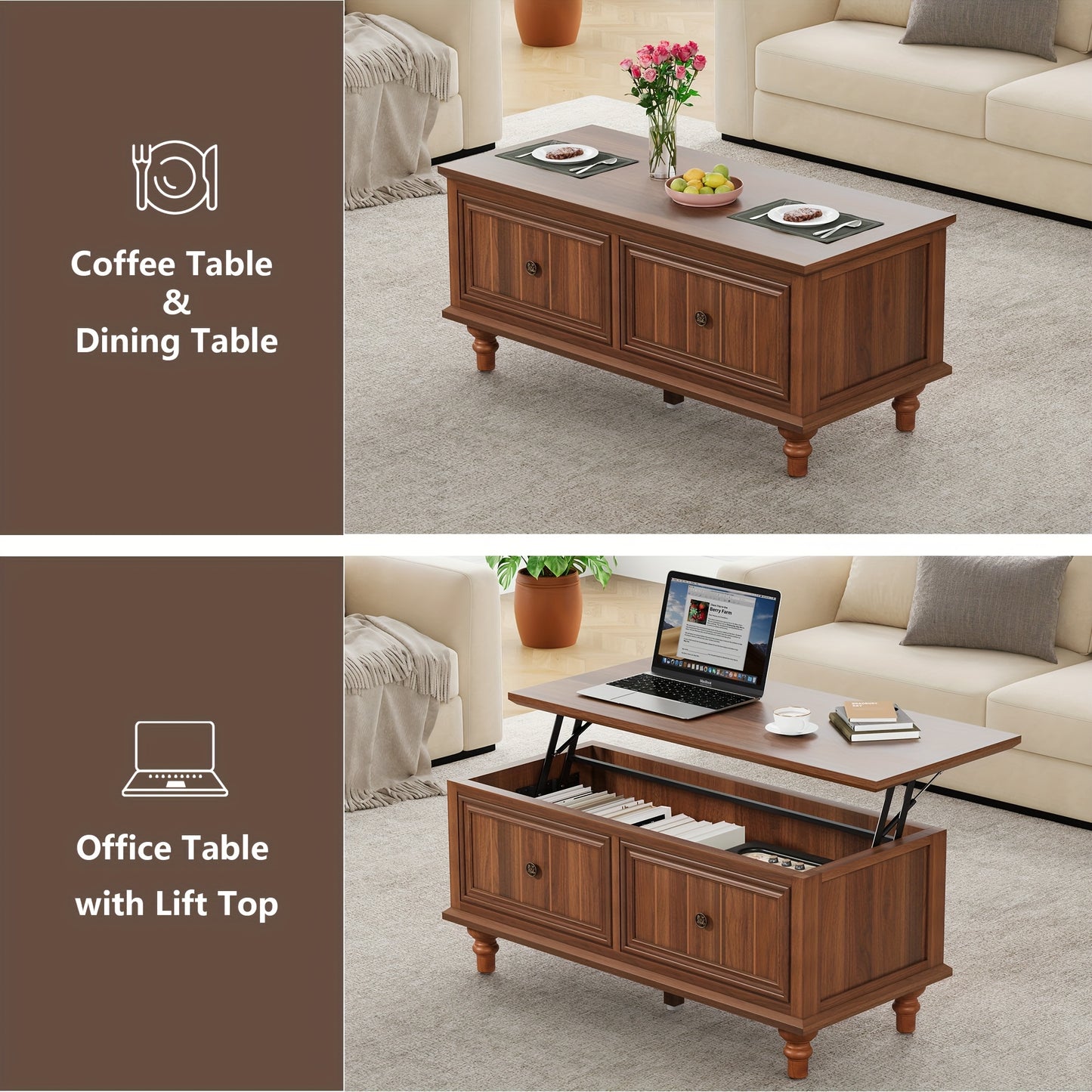 Salontafel – Koffietafel – Bijzettafel – Woonkamertafel – Tafel – Verstelbaar Liftblad – Verborgen Opbergruimte – MDF Walnoot Finishing