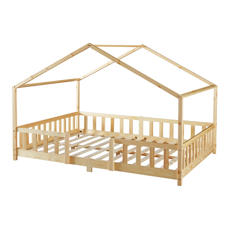 Kinderbed – Kinderbedden – Eenpersoonsbed – Hoogslaper – Stapelbed – Huisvormig Design – Valbeveiliging – Grenenhout – 140x200 cm