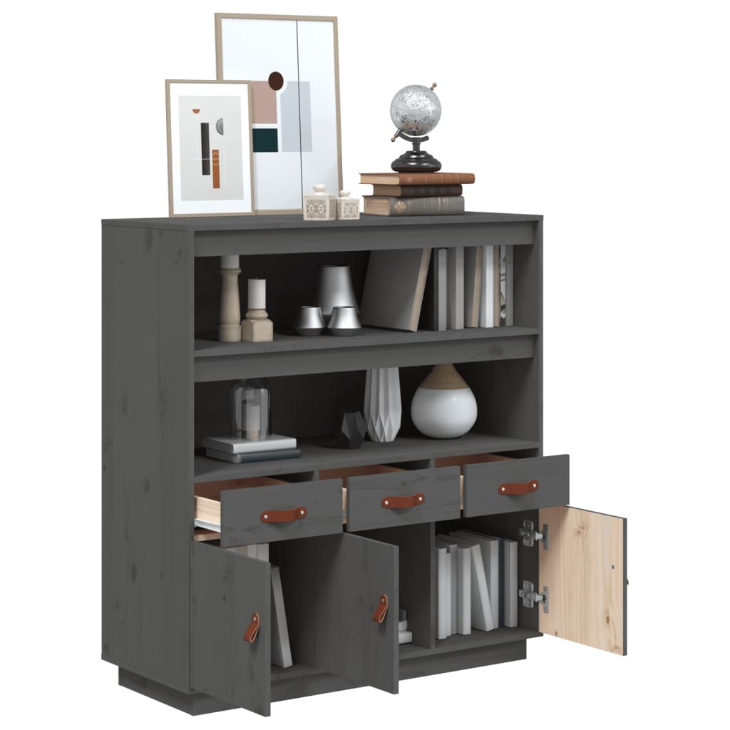 Hoogkast – Opbergkast – Dressoir – Kledingkast – Vitrinekast – Massief Dennenhout – 3 Deuren & 3 Laden – Grijs Afgelakt