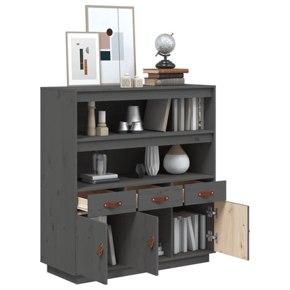 Hoogkast – Opbergkast – Dressoir – Kledingkast – Vitrinekast – Massief Dennenhout – 3 Deuren & 3 Laden – Grijs Afgelakt