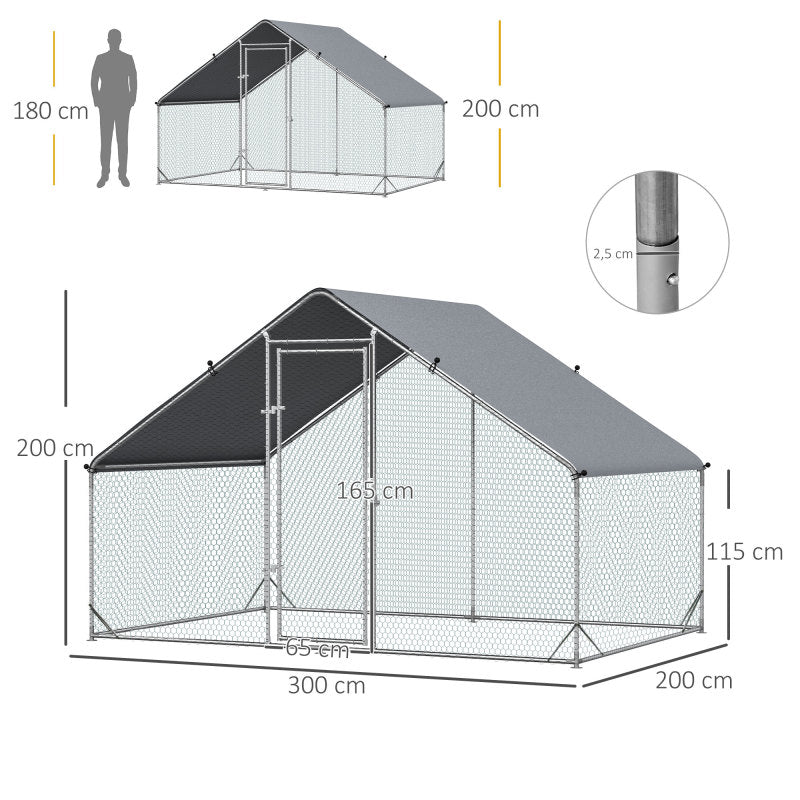 Kippenhok – Kippenren – Pluimveehok – Kippenkooi – Buitenhok – Stevige Staalconstructie – Afdekking Met Deur – 300x200x200 cm – Eenvoudige Montage