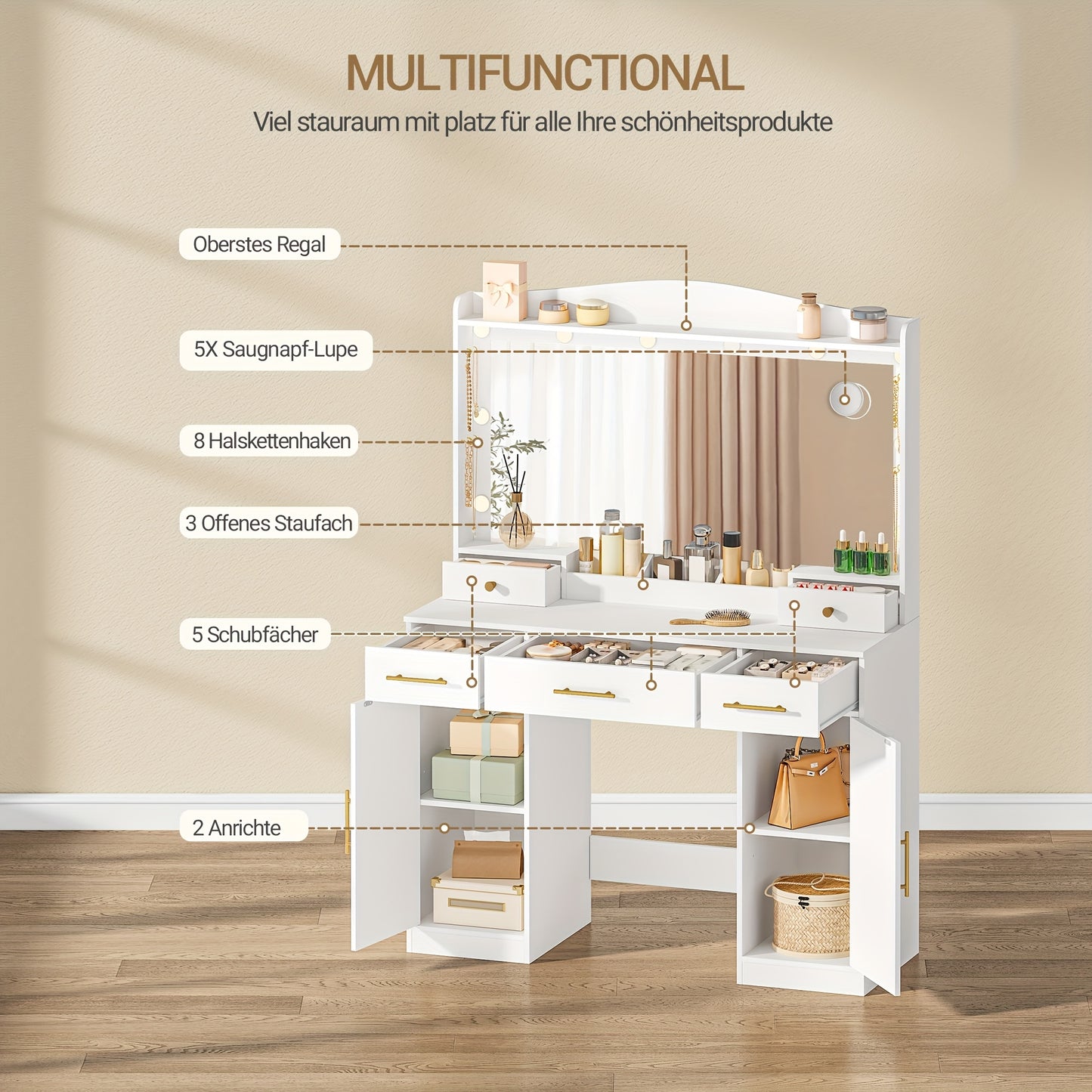 Kaptafel – Make-up tafel – Schminktisch – Dressing Table – Toilettafel – Met HD Spiegel – 3 Kleuren LED Verlichting – 5 Lades & 2 Opbergkasten – Wit – 40x108x149 cm
