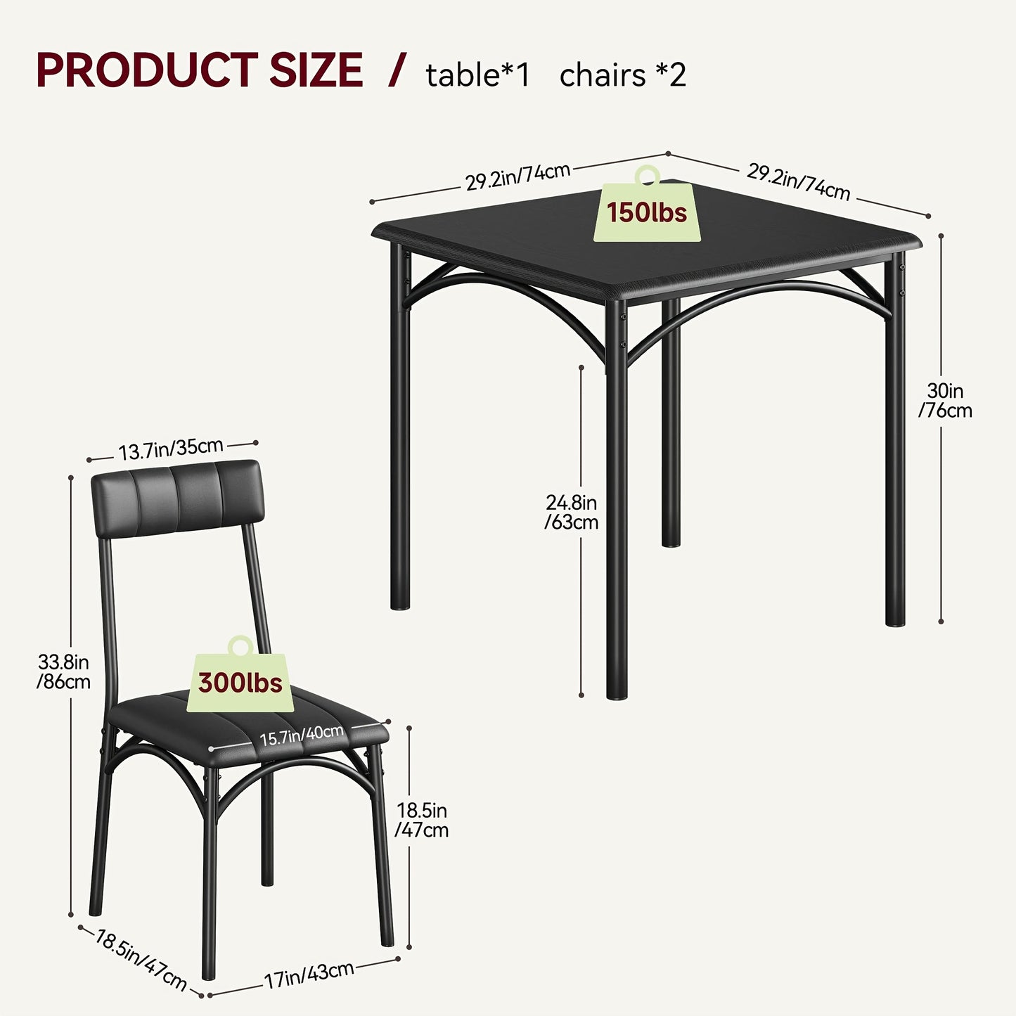 Eettafelset voor 2 Personen – Bistroset – Eettafel met Stoelen – Keukentafelset – Compacte Eettafel – Ruimtebesparend Ontwerp – Houten Tafelblad met Zwart Metalen Frame