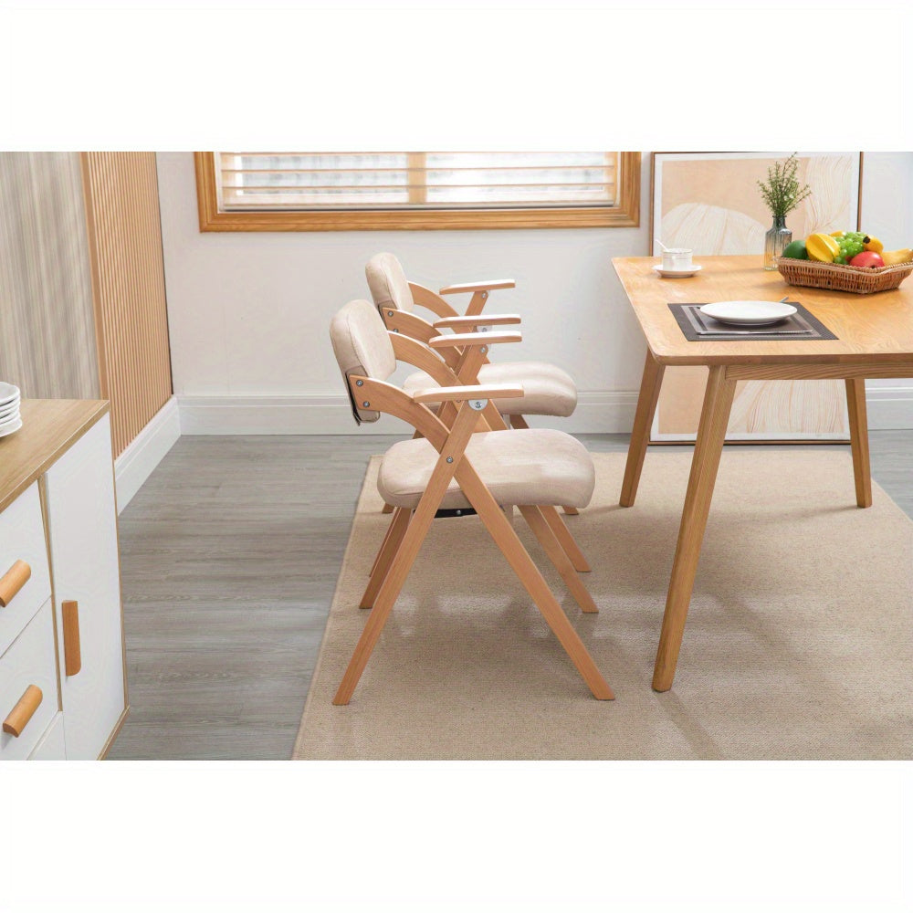 Inklapbare Stoelen – Vouwstoelen – Opvouwbare Stoelen – Stapelstoelen – Eetkamerstoelen – Houten Frame – Beige Stoffen Zitting – Met Armleuningen – Set Van 2