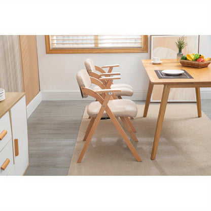 Inklapbare Stoelen – Vouwstoelen – Opvouwbare Stoelen – Stapelstoelen – Eetkamerstoelen – Houten Frame – Beige Stoffen Zitting – Met Armleuningen – Set Van 2