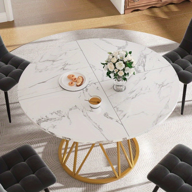 Modern Round Dining Table with Marble Look Top & Golden Metal Legs - White & Golden Marble Pattern Kitchen Table, Space-Saving 100cm Round Table for Small Spaces, Sturdy MDF-Free Metal Base, Easy-Clean Surface, Classic Contem