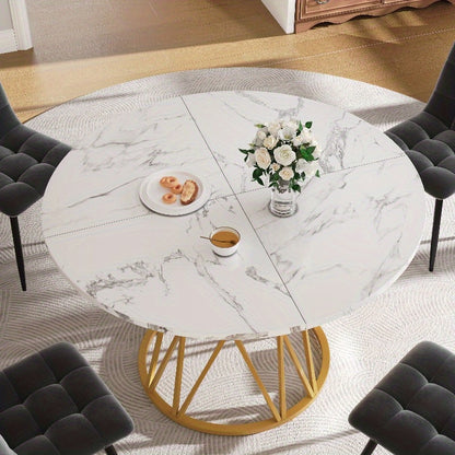 Modern Round Dining Table with Marble Look Top & Golden Metal Legs - White & Golden Marble Pattern Kitchen Table, Space-Saving 100cm Round Table for Small Spaces, Sturdy MDF-Free Metal Base, Easy-Clean Surface, Classic Contem