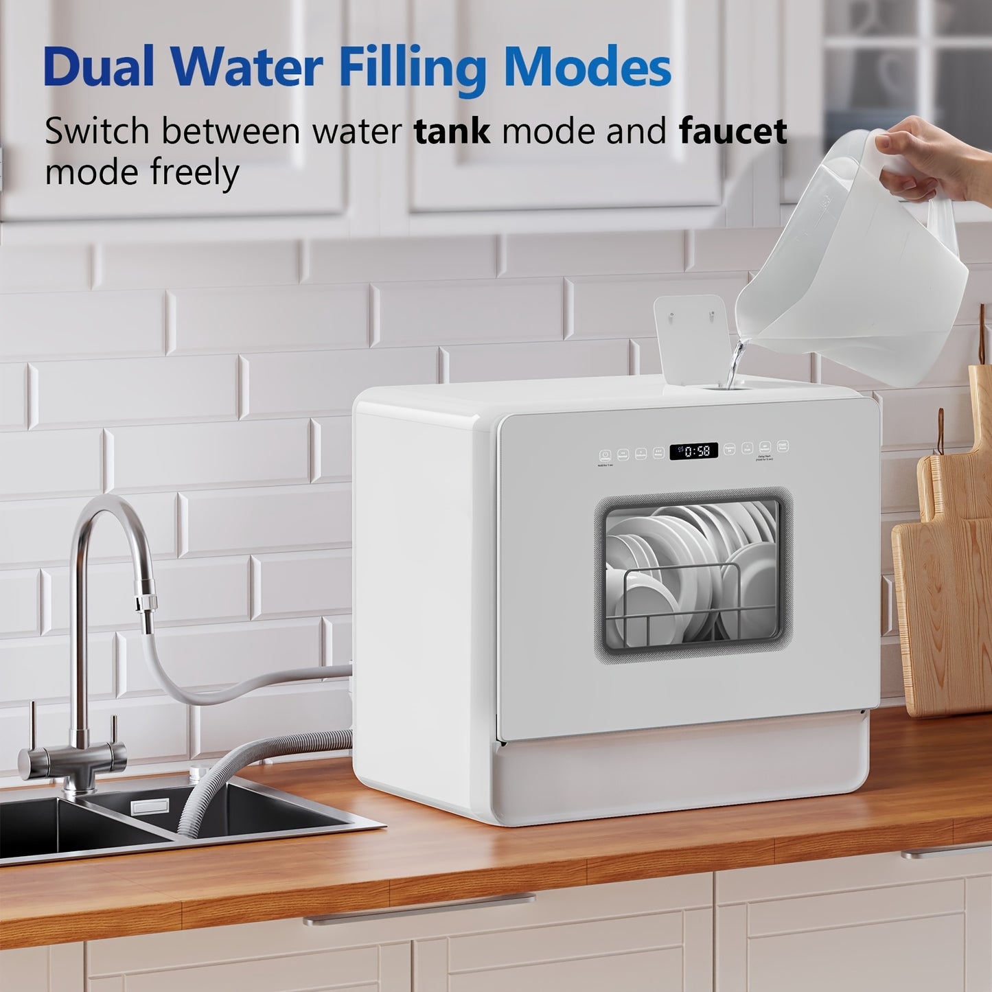 Compacte Vaatwasser – Mini Vaatwasser – Aanrechtvaatwasser – Kleine Keuken Vaatwasser – Caravan Vaatwasser – Duale Manden – Ingebouwde 5L Watertank – 7+2 Wasprogramma’s – Zachtwatersysteem