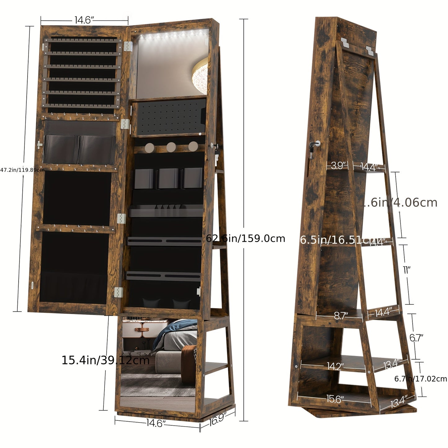 Sieradenkast – Juwelenkast – Spiegelkast – Sieradenopberger – Make-upkast – 4-in-1 Design – Afsluitbaar Met Volledige Spiegel – Vintage Kleur – MDF & Fluwelen Bekleding