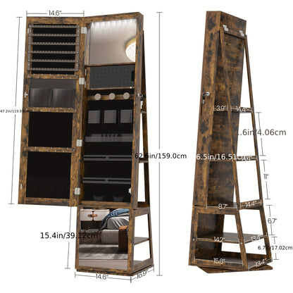 Sieradenkast – Juwelenkast – Spiegelkast – Sieradenopberger – Make-upkast – 4-in-1 Design – Afsluitbaar Met Volledige Spiegel – Vintage Kleur – MDF & Fluwelen Bekleding