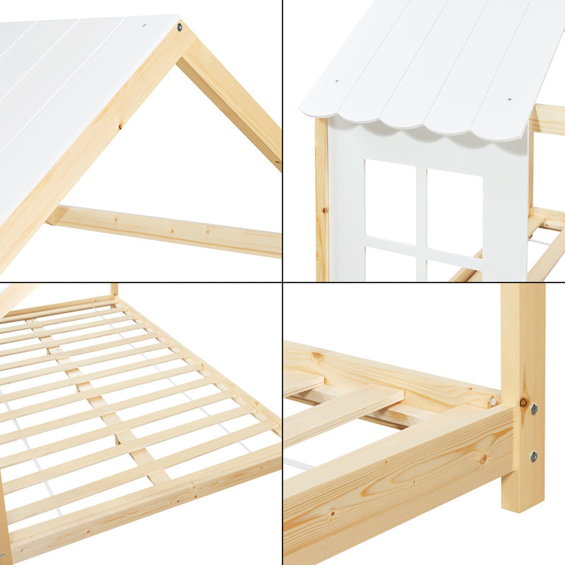 Kinderbed – Peuterbed – Juniorbed – Huisbed – Slaapbed – Halfopen Design – Massief Dennenhout – 140x200 cm – Wit