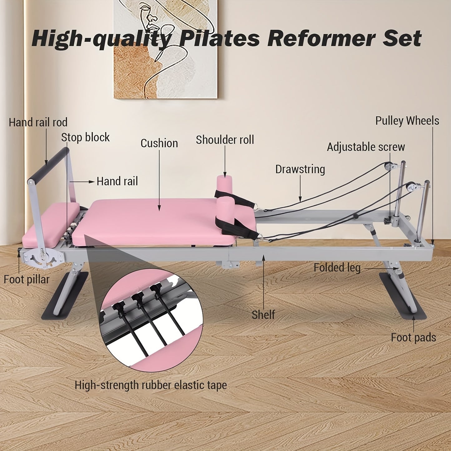Pilates Reformer – Pilates Machine – Fitnessapparaat – Gymtoestel – Trainingsapparaat – Inklapbaar & Compact – Verstelbare Weerstand – Roze – Stevig Frame & Comfortabele Kussens
