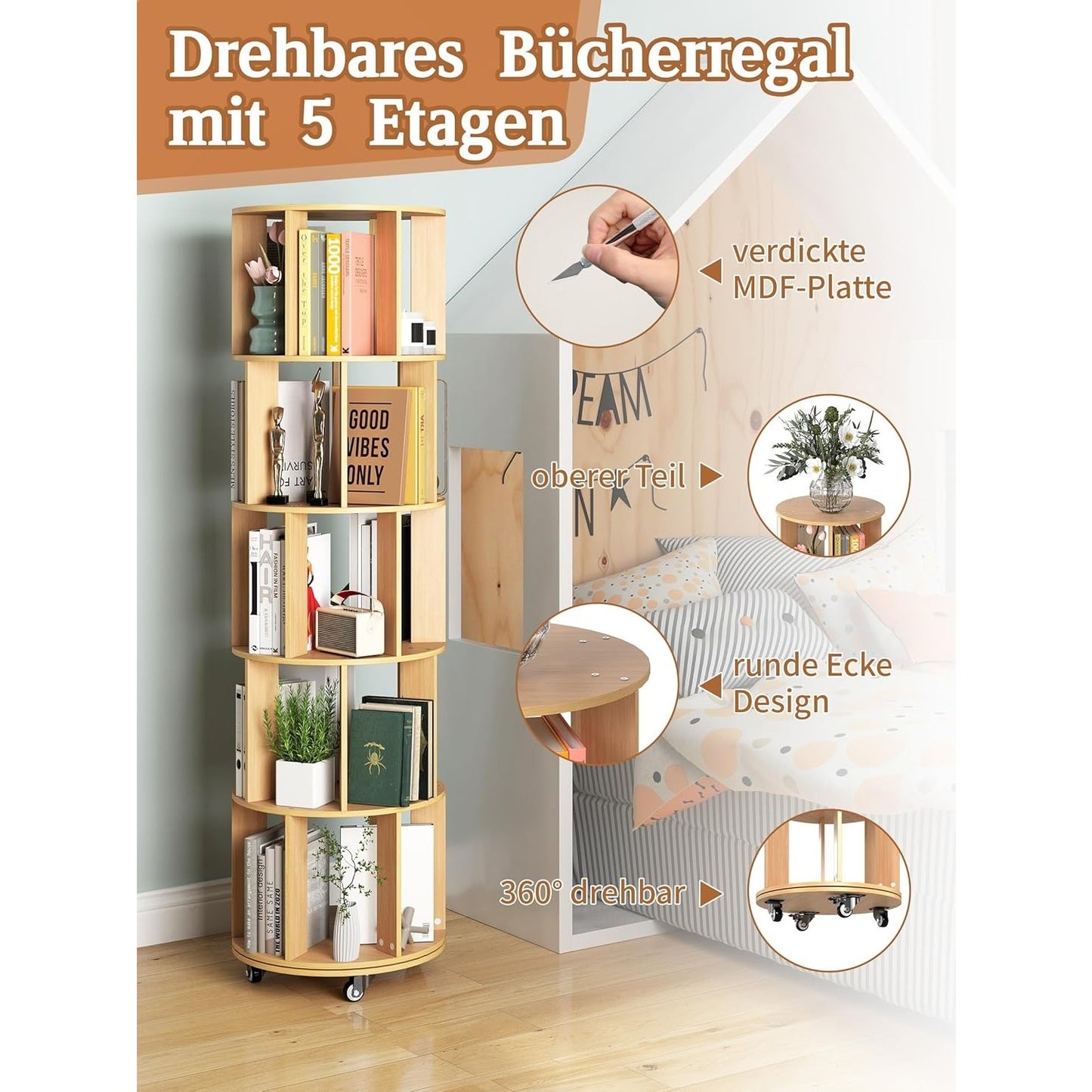 Boekenplank – Boekenrek – Wandplank – Boekenkast – Wandrek – 5 Laags Draaibaar – Massief Hout Met Achterpaneel