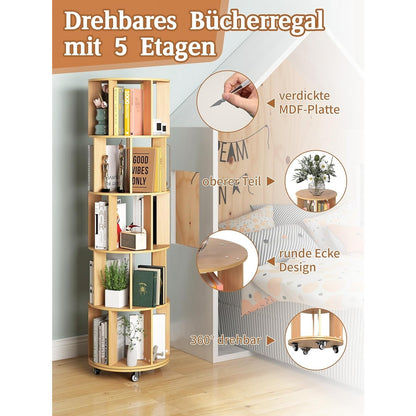 Boekenplank – Boekenrek – Wandplank – Boekenkast – Wandrek – 5 Laags Draaibaar – Massief Hout Met Achterpaneel