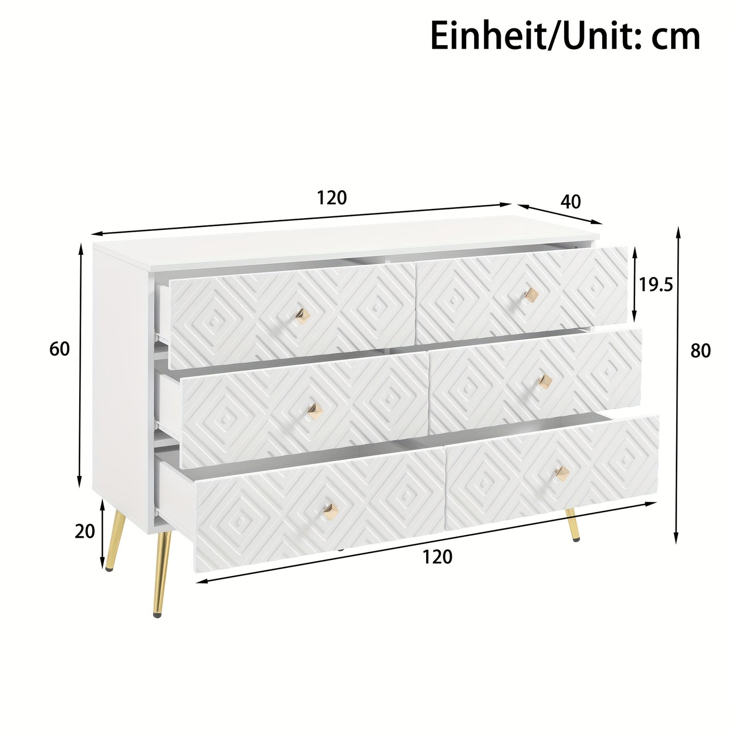 Modern Chest Of Six Drawers - 120x40x80 Cm - Elegant White With Golden - Perfect For The Bedroom And Living Room, Storage Drawer Units