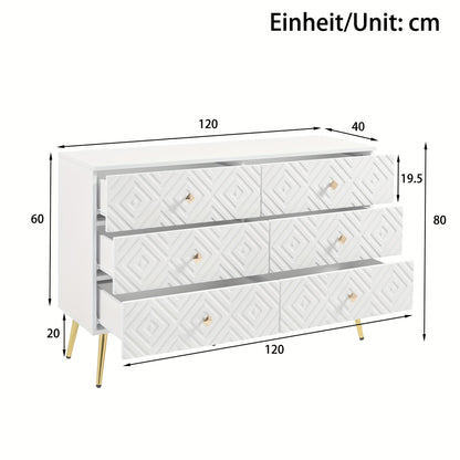 Modern Chest Of Six Drawers - 120x40x80 Cm - Elegant White With Golden - Perfect For The Bedroom And Living Room, Storage Drawer Units